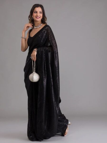 Premium Sequins Saree Collection With Blouse Piece - Black