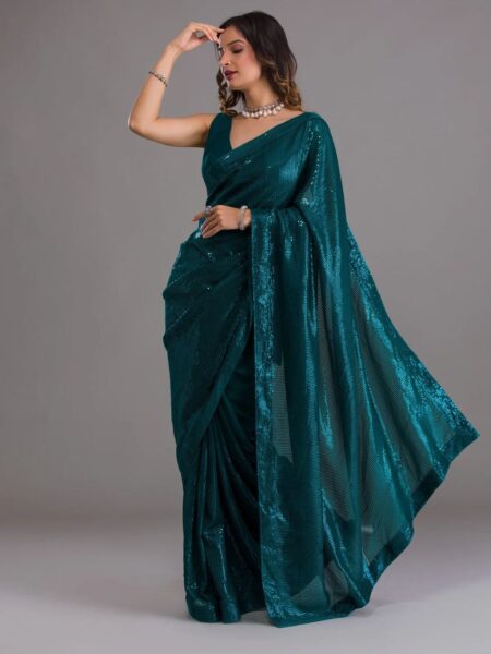 Premium Sequins Saree Collection With Blouse Piece - Green