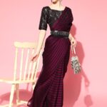 Saree mall Burgundy Striped Poly Georgette Party Wear Saree with Matching Blouse