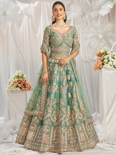 Seagreen - Bridal Net Heavy Embroidered Gotta Patti Work Using Golden Sequins,Mirror,Moti and Multi-Thread Semi-Stitched Lehenga
