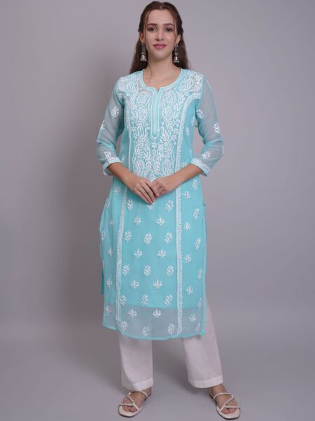 Seva Chikan Women Ethnic Motifs Embroidered Chikankari Handloom Georgette Kurta