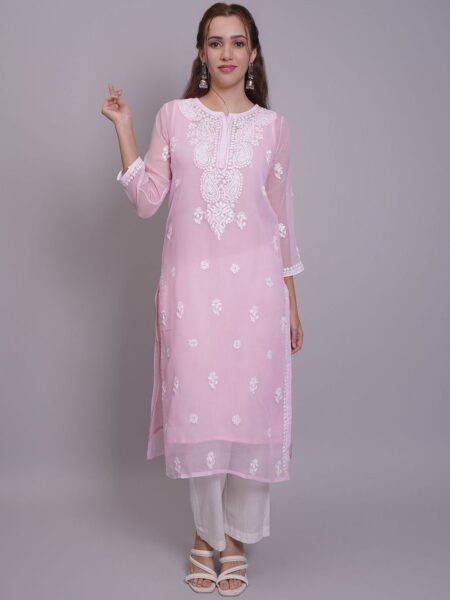 Seva Chikan Women Ethnic Motifs Embroidered Chikankari Handloom Georgette Kurta