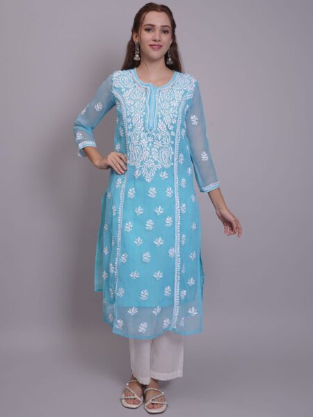 Seva Chikan Women Ethnic Motifs Embroidered Chikankari Handloom Georgette Kurta
