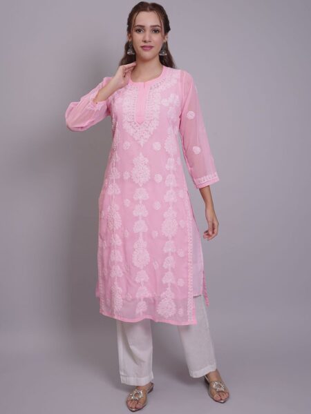Seva Chikan Women Ethnic Motifs Embroidered Chikankari Handloom Georgette Kurta