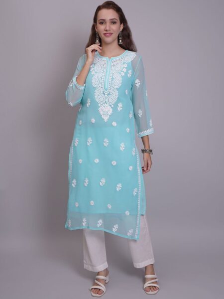 Seva Chikan Women Ethnic Motifs Embroidered Chikankari Handloom Georgette Kurta