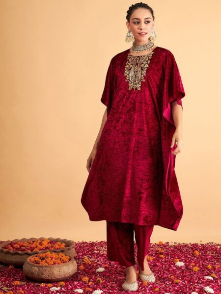 Shae by SASSAFRAS Embroidered Round Neck Kaftan Velvet Kurta