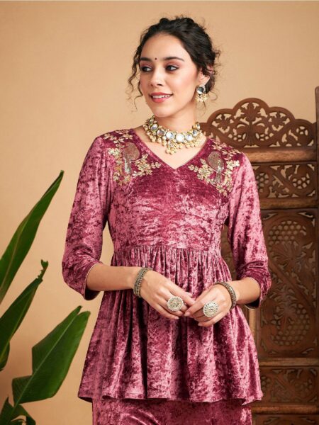 Shae by SASSAFRAS Embroidered V-Neck Velvet Peplum Top