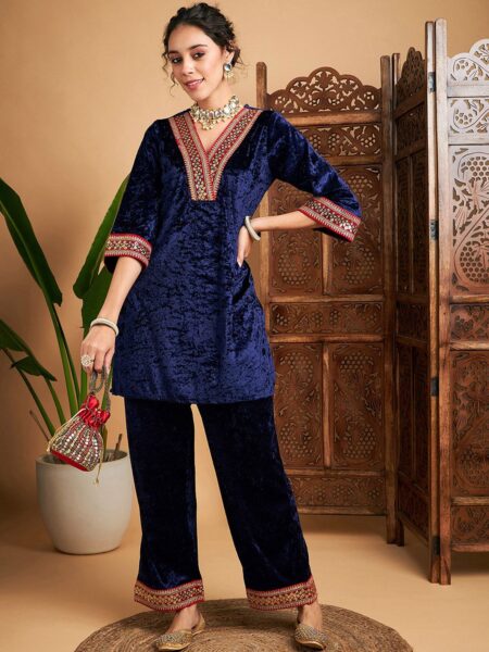 Shae by SASSAFRAS Ethnic Motifs V-Neck Regular Thread Work Velvet Kurti With Trousers