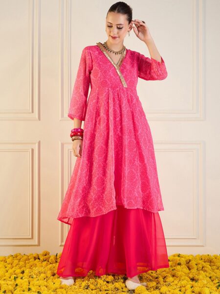 Shae by SASSAFRAS Floral Woven Design V Neck Georgette Anarkali Kurta