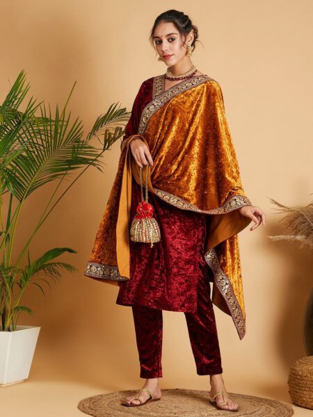 Shae by SASSAFRAS Mustard Floral Embroidered Sequinned Velvet Shawl