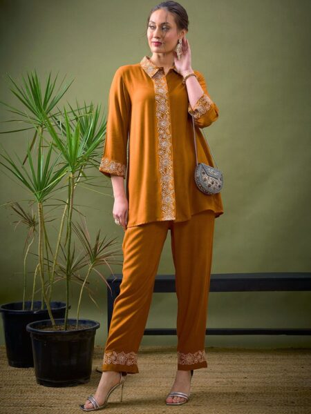 Shae by SASSAFRAS Mustard Yellow Embroidered Shirt With Trousers Co-Ords