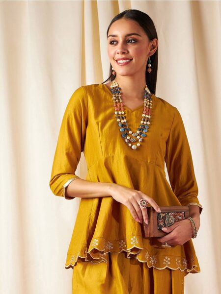 Shae by SASSAFRAS Mustard Yellow Embroidered V-neck A-Line
