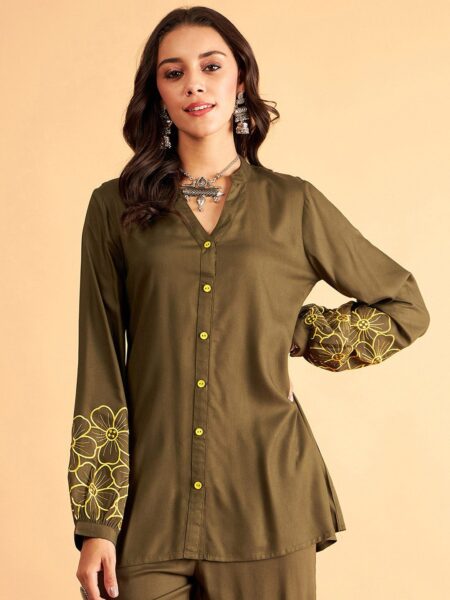 Shae by SASSAFRAS Olive Green Floral Embroidered Oversized Party Shirt