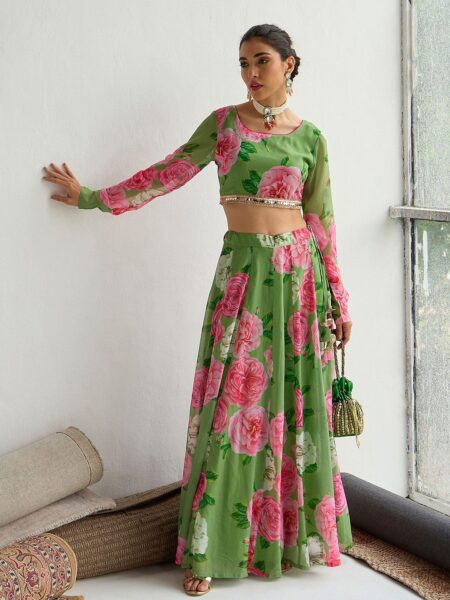 Green & Pink Printed Sequinned Lehenga Choli Set