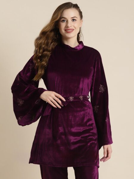 Shae by SASSAFRAS Purple Flared Sleeves Velvet Kurti