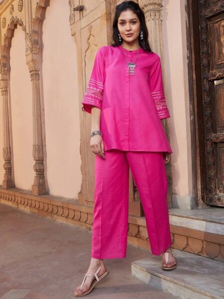 Shae by SASSAFRAS Women Embroidered Band Collar Shirt with Palazzos Co-Ords Set