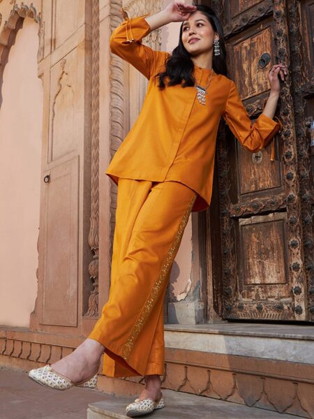 Shae by SASSAFRAS Women Ruched Sleeves Top With Embroidered Trousers