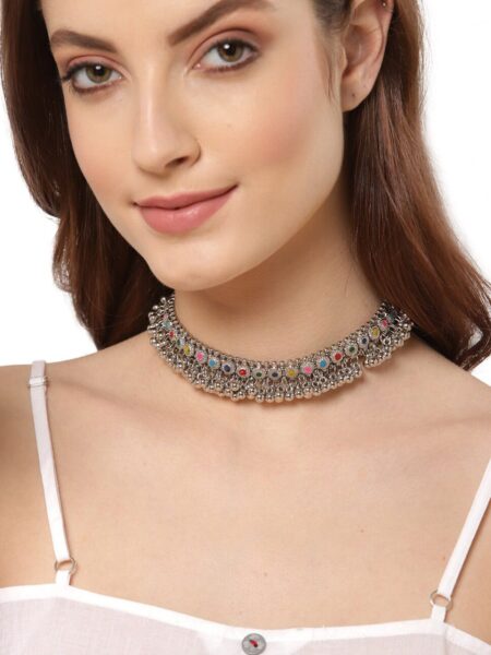 Shining Diva Silver-Plated Oxidised Traditional Choker Necklace