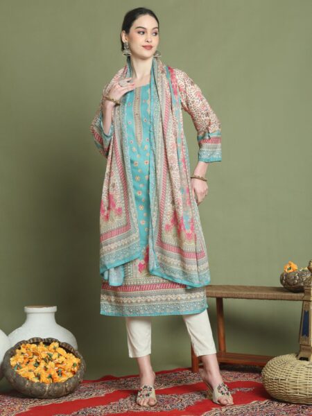 Teal Digital Floral Print Stitched Salwar Suit