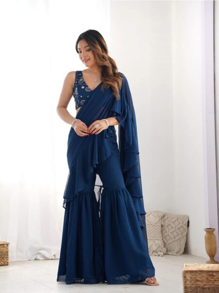 Teal Blue Color Faux Georgette Fancy Sharara Saree