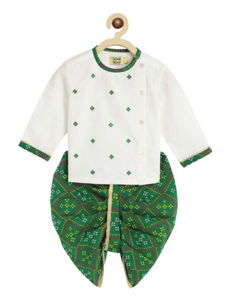 Tiber Taber Boys Green Ethnic Motifs Embroidered Thread Work Pure Cotton Kurta with Dhoti Pants