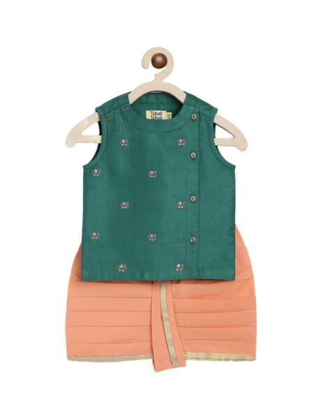 Tiber Taber Boys Green Ethnic Motifs Printed Angrakha Kurta with Palazzos