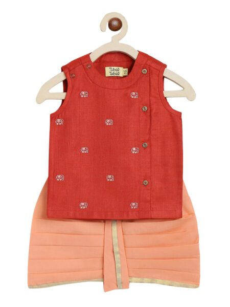 Tiber Taber Boys Red Ethnic Motifs Embroidered Angrakha Thread Work Kurta with Dhoti Pants
