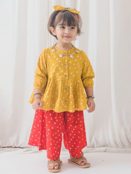 Tiber Taber Girls Bnadhani Printed Pure Cotton Peplum Top With Culottes