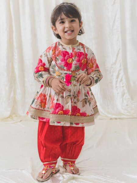 Tiber Taber Girls Floral Printed Angrakha Gotta Patti Pure Cotton Kurti with Salwar