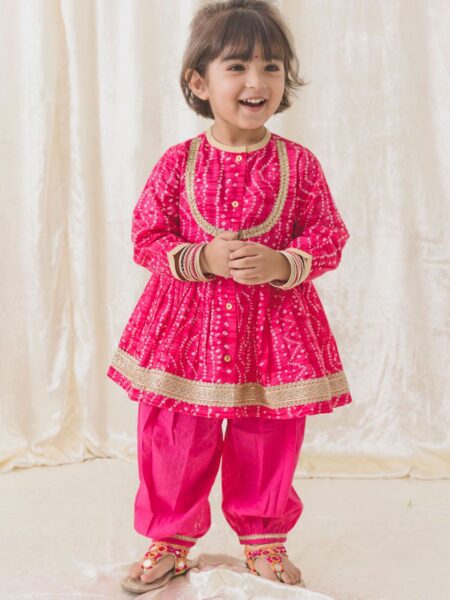 Tiber Taber Girls Printed Gotta Patti Pure Cotton Anarkali Pleated Kurta With Salwar