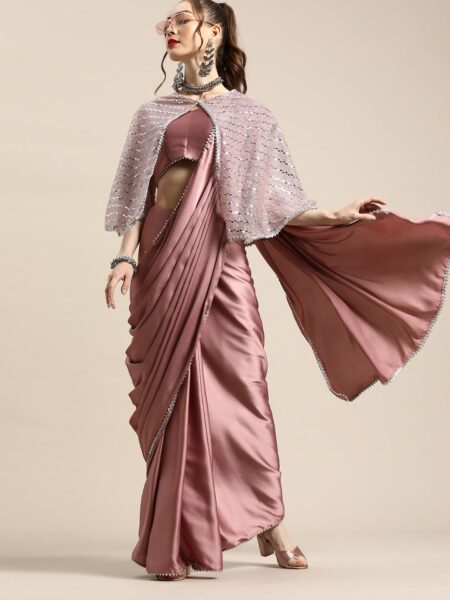 Tikhi Imli Trendy Mauve Sleek Poly Crepe Saree with Embellished Border & Cape