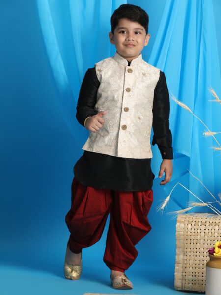 Boy's Beige Embroidered Nehru Jacket With Black Kurta And Maroon Dhoti Set
