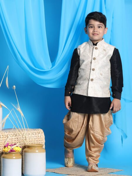 Boy's Beige Embroidered Nehru Jacket With Black Kurta And Rose Gold Dhoti Set