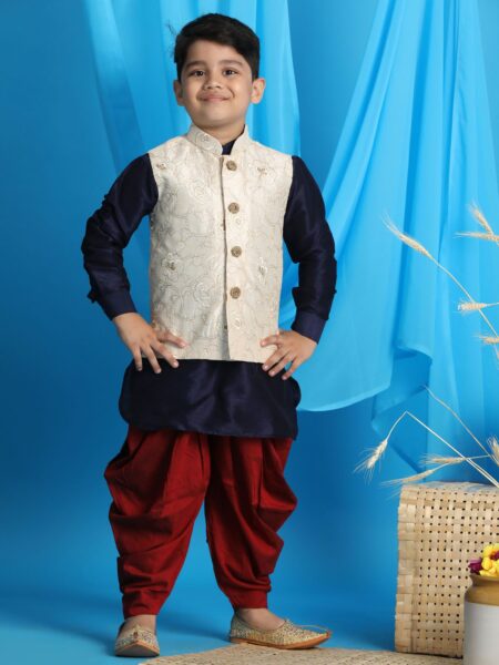 Boy's Beige Embroidered Nehru Jacket With Blue Kurta And Maroon Dhoti Set