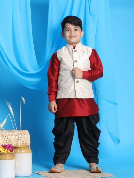 Boy's Beige Embroidered Nehru Jacket With Maroon Kurta And Black Dhoti Set