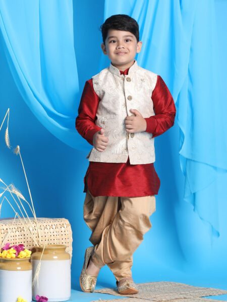 Boy's Beige Embroidered Nehru Jacket With Maroon Kurta And Rose Gold Dhoti Set