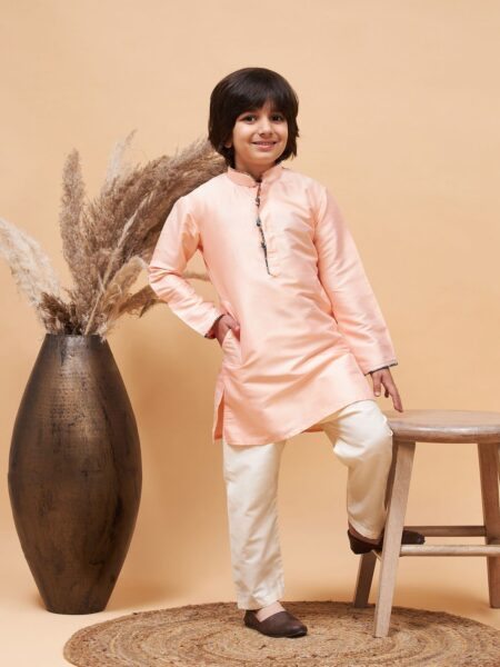Boy's Peach Silk Kurta Pyjama Set