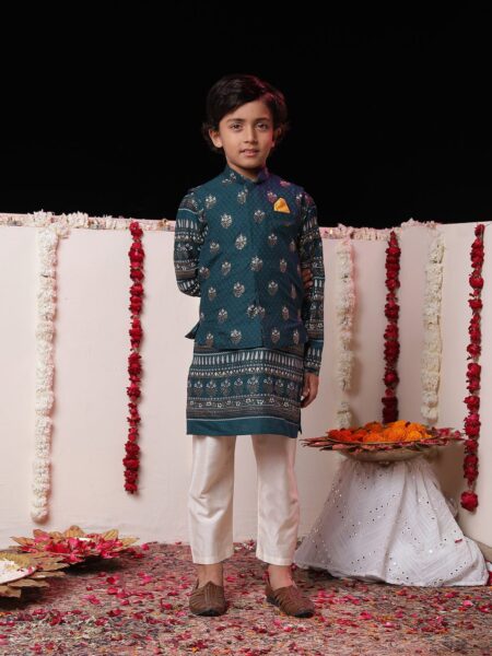 Boys' Blue Foli Print On Viscose Jacket And Kurta Pyjama Set