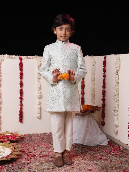 Boys' Grey Jacquard Sherwani Set