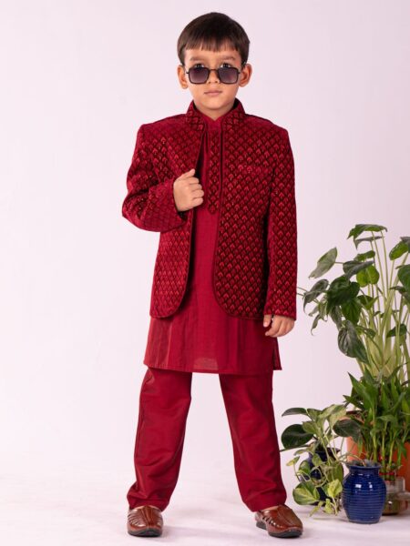 Boys' Maroon Jodhpuri And Kurta Pyjama Combo Set