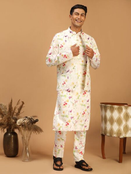 Cream Printed Nehru Jacket And Multicolor-base Printed Kurta With Matching Rayon Pant Set