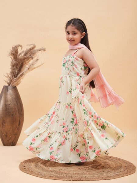 Girl's Light Yellow Floral Print Anarkali With Pink Dupatta