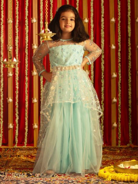 Girls' Aqua Embroidered Anarkali Kurta With Long Skirt Set
