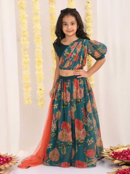 Girls'  Green Printed Organza Lehenga With Dupatta Set