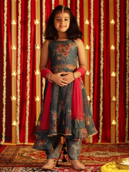 Girls' Grey Floral Printed Anarkali And Pyjama With Ruffled Dupatta Set