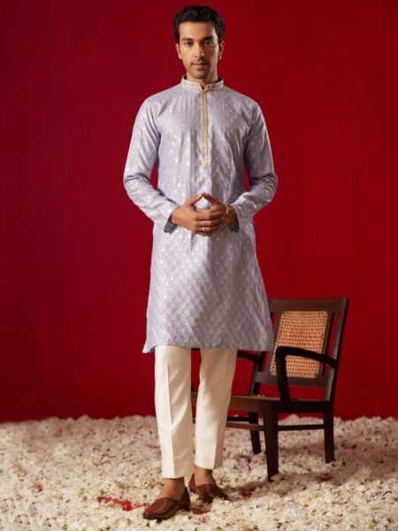 Men's Aqua Blue Silk Blend Jacquard Kurta With Pant Set