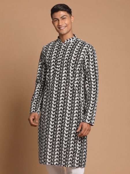 Men Black & White Chikankari Embroidered Pure Cotton Straight Kurta