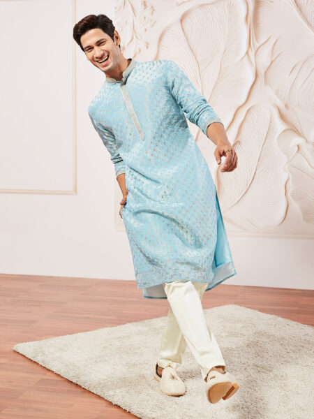 Men's Aqua Tissue Silk Kurta Pyjama Set