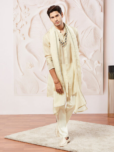 Men's Beige And Cream Beige Kurta Pyjama And Dupatta Set