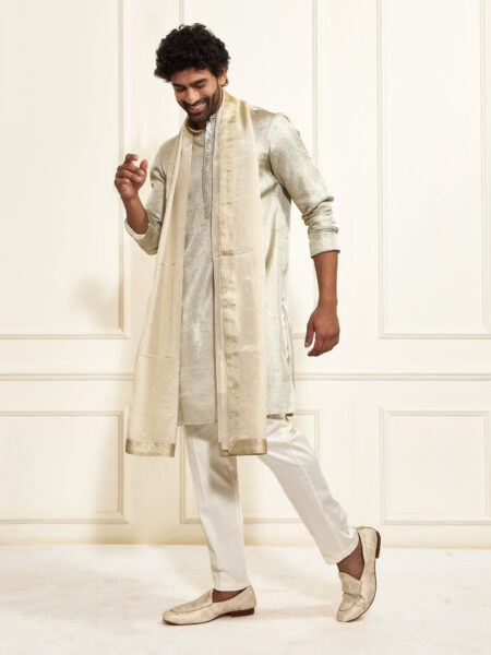 Men's Beige Tissue Silk Kurta,Pyjama And Dupatta Set